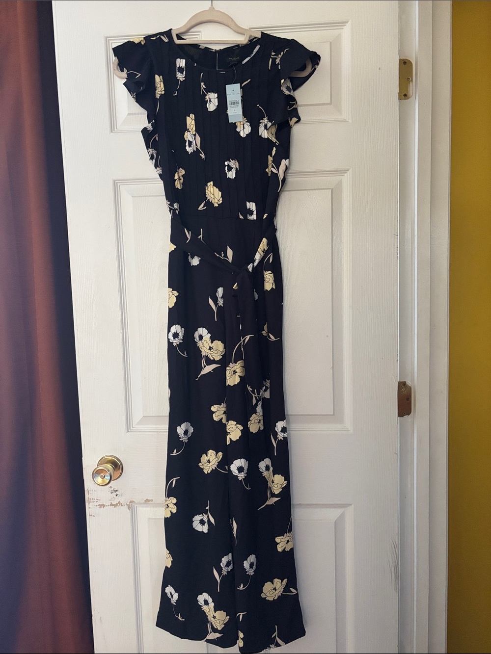 Ann Taylor Black Floral Tie-Waist Jumpsuit with Flutter Sleeves